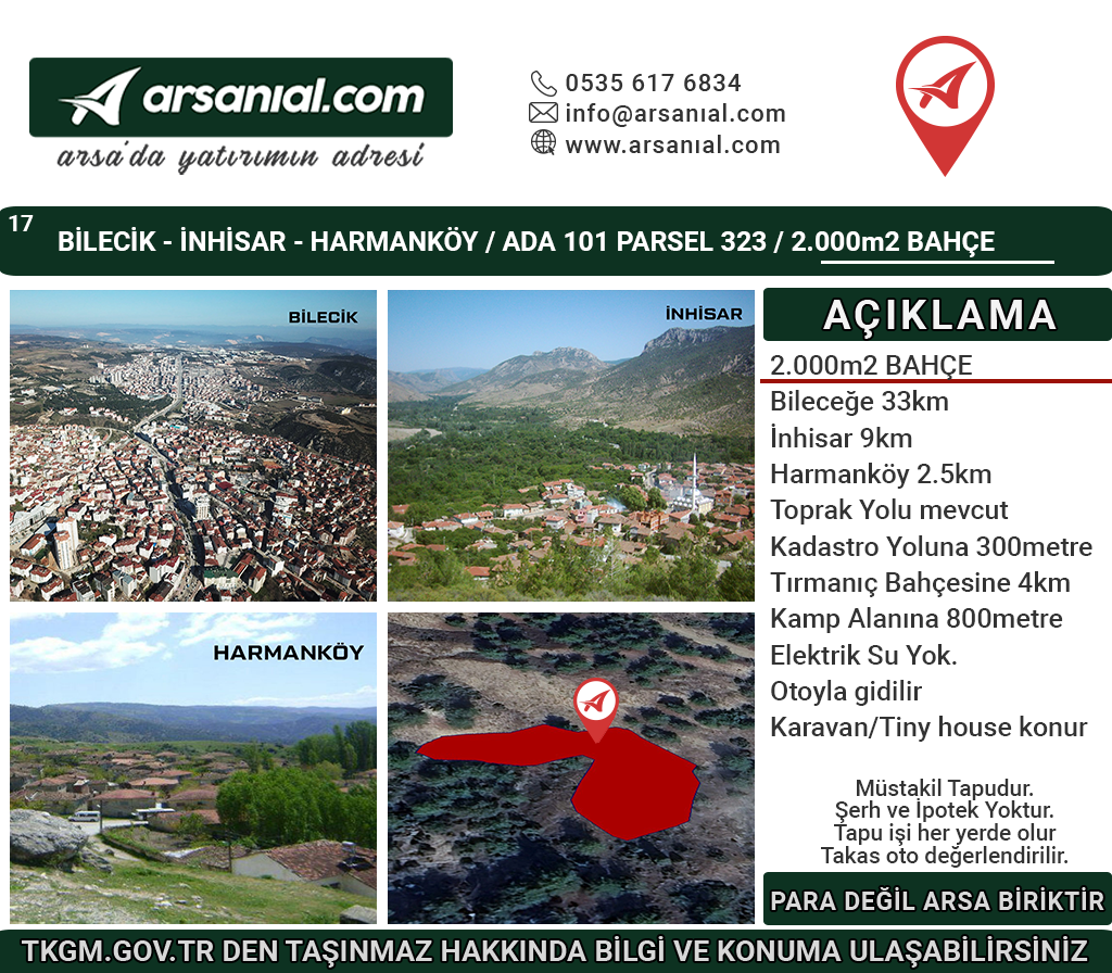 Bilecik İnhisar Harmanköy Satılık 2000m2 Bahçe