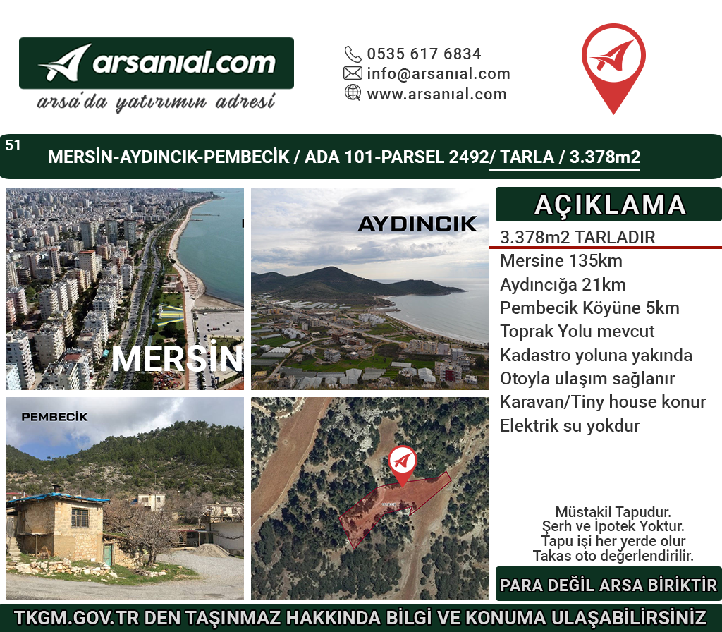 Mersin Aydıncık Pembecik Satılık 3378m2 Tarla