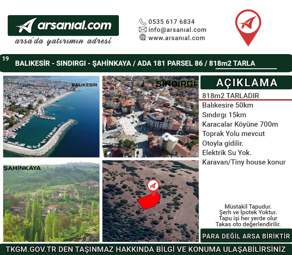 Balıkesir Sındırgı Şahinkaya Satılık 818m2 Tarla